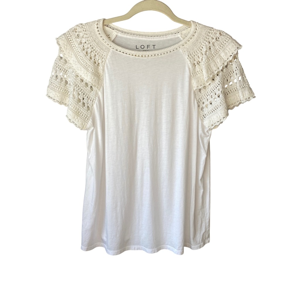LOFT Womens White Crochet Lace Flutter Sleeve Cotton Modal Top Medium M